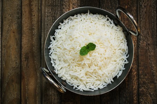 Indian Cooked Basmati Rice Served In A Kadai