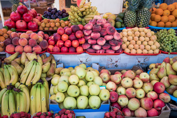 Fruit market with various colorful fresh fruits. Fresh fruits.  Fruits  at a farmers market