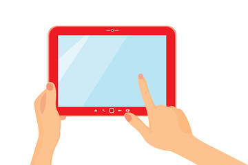 Businessman hold tablet and pointing on the screen concept vector illustration