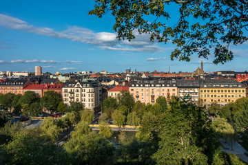 Cityscape view of Stockholm from above with trees and buildings.