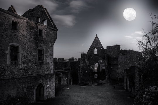 Ruins of castle Schaunberg in mystery moonlight. Austria.