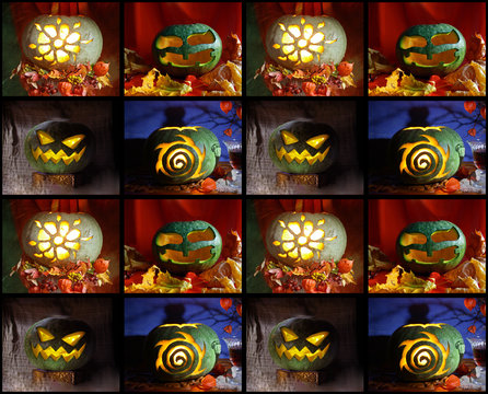 Halloween. collage of images of Jack's head made of pumpkin.