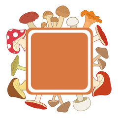 Colorful mushrooms around an orange frame on a white background, vector illustration