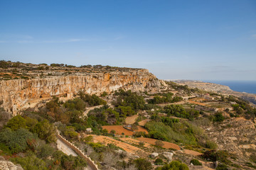 Limestone rocks and azure sea of Malta island. Panoramic view.