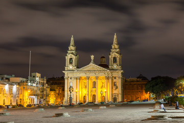 The beautiful church of St. Publius at deep night. Malta.