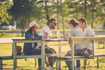 Multi-ethnic group of friends chatting in a park