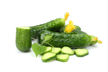 cucumber with sliced cucumber and leaf isolated on white background