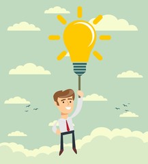 Happy businessman flying holding idea bulb as balloon . Business competition concept.