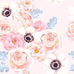 Seamless pattern with anemones and roses