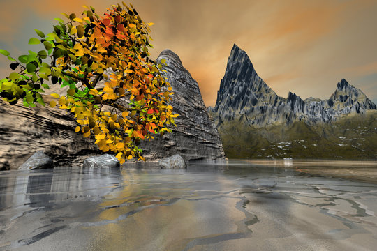 Tree on the rock, an autumn landscape, frozen waters in the Gorge and a cloudy sky with orange color.