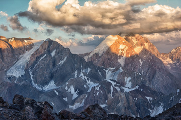 Landscape of Fan mountains in Tajikistan with peaks covered by snow