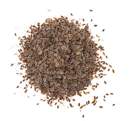 Dried dried fennel seeds on white background