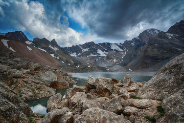 Landscape of beautiful high rocky Fan mountains and lake in Tajikistan