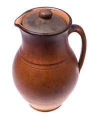 Clay pitcher with lid for water and milk, isolated on white background