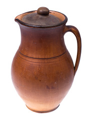 Clay pitcher with lid for water and milk, isolated on white background
