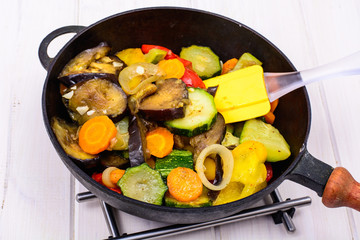 Vegetarian vegetable ragout in pan