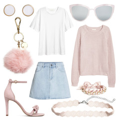 A set of fashionable clothes and accessories on a white background