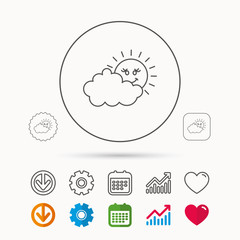 Cloudy day with sun icon. Overcast weather sign.
