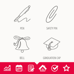 Graduation cap, pen and bell icons.