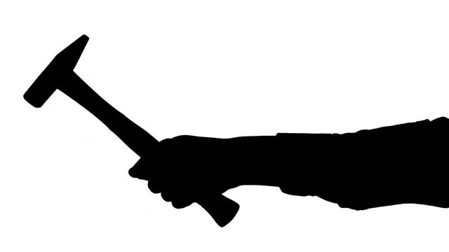 Male hand holding a hammer Isolated black silhouette of a male hand holding a hammer against white background