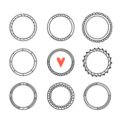 Romantic collection with hand drawn round frames. Cute circle wreaths. Design elements