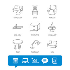 Corner sofa, table and armchair icons.