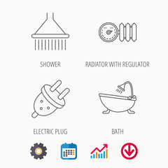 Shower, bath and electric plug icons.