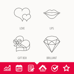 Love heart, brilliant and gift box icons.