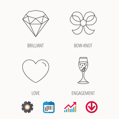 Love heart, brilliant and engagement ring icons.