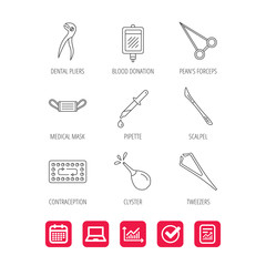 Medical mask, blood and dental pliers icons.