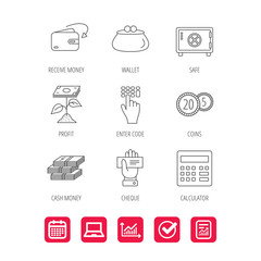 Cash money, safe box and calculator icons.