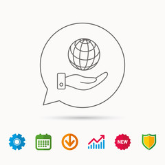 Save planet icon. Hand with globe sign.