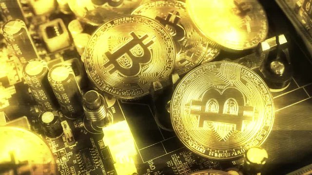 Crypto currency Gold Bitcoin - BTC - Bit Coin. Macro shots crypto currency Bitcoin coins rotating. Holomatrix style. Seamless looping.