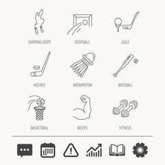 Skipping rope, football and golf icons.