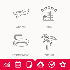 Swimming pool, airplane and palm tree icons.