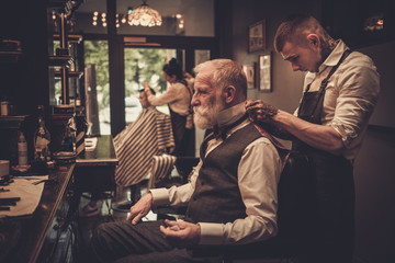 Senior man visiting hairstylist in barber shop.