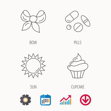 Medical pills, sun and bow-knot icons.