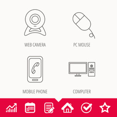 Computer, web camera and mobile phone icons.