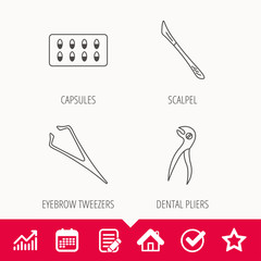 Scalpel, capsules and dental pliers icons.