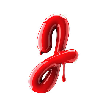 Leaky red alphabet isolated on white background. Handwritten cursive letter G.