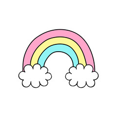 Cute rainbow vector illustration doodle drawing. Rainbow with clouds isolated on white background.