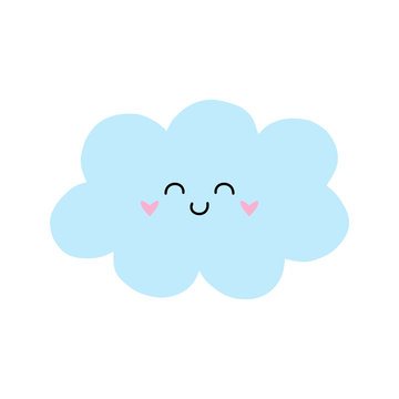 Cute cloud vector illustration drawing. Light blue cartoon cloud with cute face, print or icon. Isolated on white background.