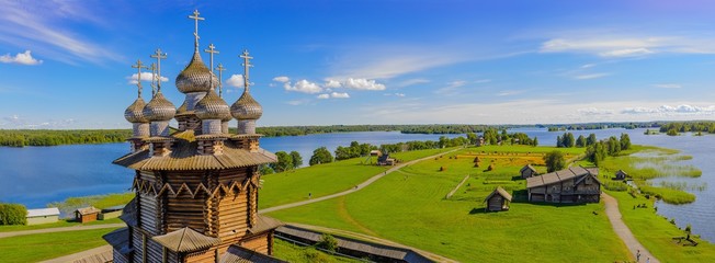 Panorama of Kizhi Island from the bell tower. In the foreground Orthodox Church of the Intercession of the Virgin Mary in Kizhi Pogost. Kizhi island, Onega lake, Karelia, Russia.