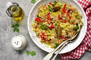 Cabbage stewed with bell pepper,minced meat and rice.Top view.