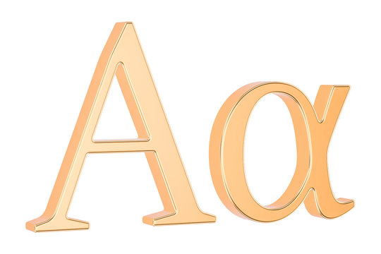 Golden Greek letter alpha, 3D rendering