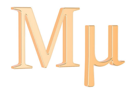 Golden Greek letter mu, 3D rendering