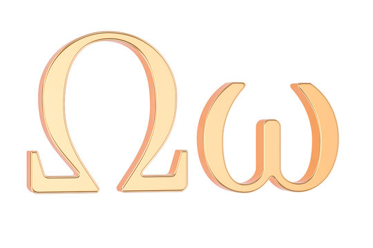 Golden Greek letter Omega, 3D rendering