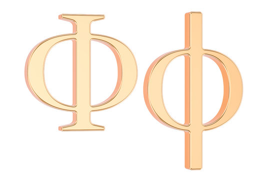 Golden Greek letter phi, 3D rendering