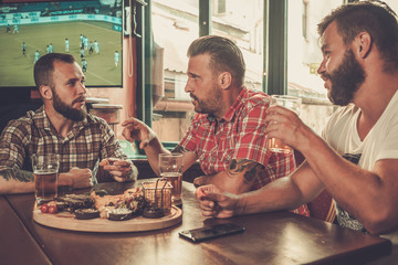 Friends drinking beer and watching soccer in a pub