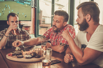 Friends drinking beer and watching soccer in a pub